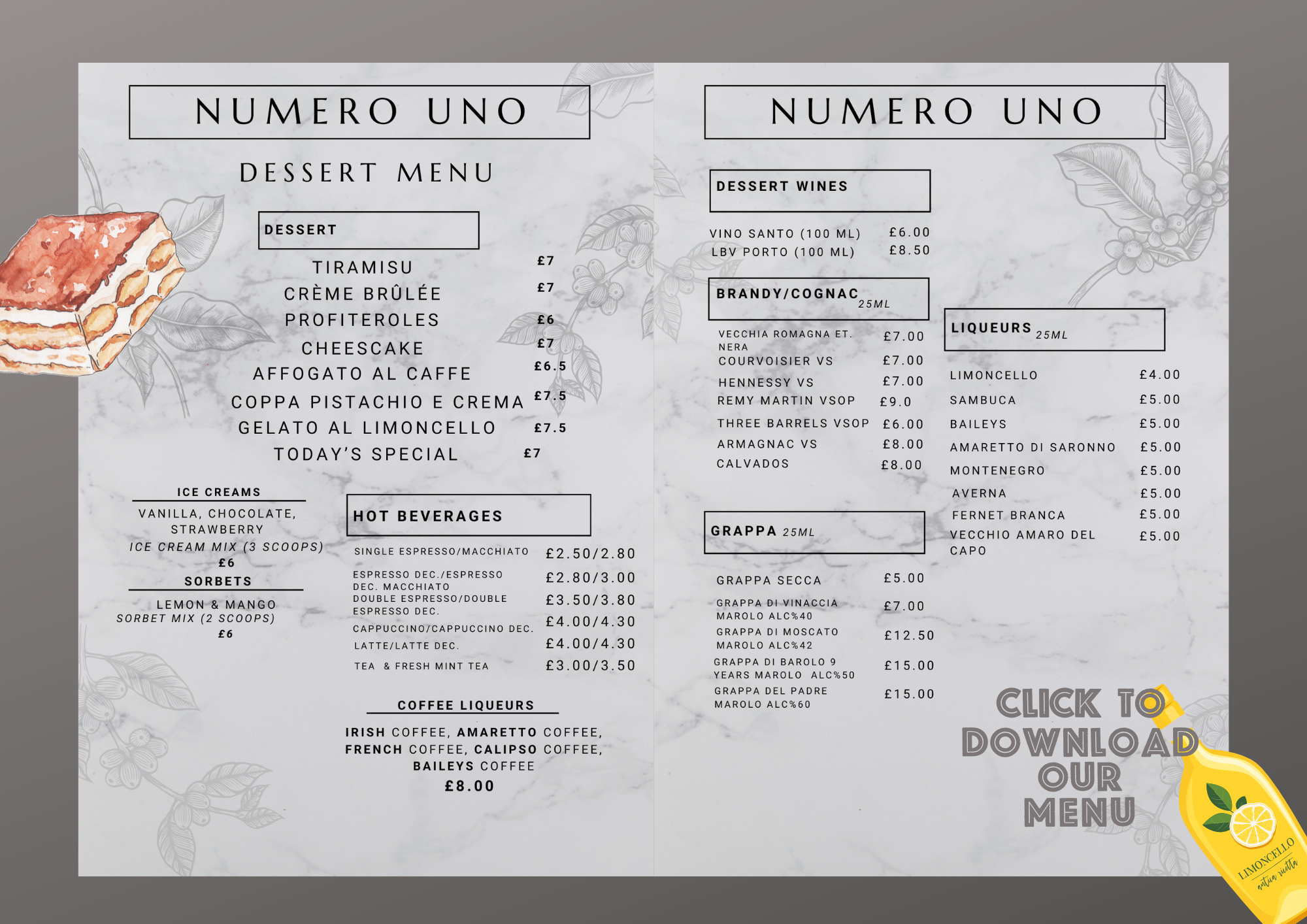 menu desserts